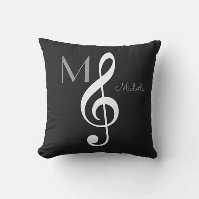 Treble Clef Music Note Monogram Zwart Buitenkussen (Voorkant)
