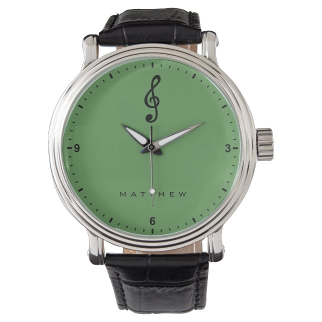 Treble Clef Musical Note Music Plain Green Name Horloge (Voorkant)