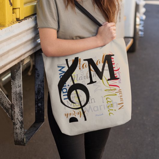 Treble clef muzieknoot monogram met kleurnamen tote bag