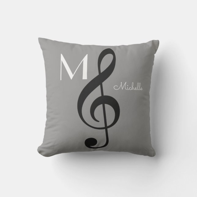 Treble Clef muzieknoot Monogrammed Grey Buitenkussen (Voorkant)