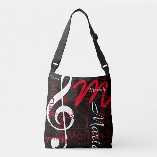 Treble Clef muzieknoot + rode namen op zwart Crossbody Tas (Voorkant)