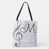Treble Clef Muzieknotitie Monogram met Naam Wit Tote Bag (Voorkant)
