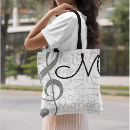 Treble Clef Muzieknotitie Monogram met Naam Wit Tote Bag