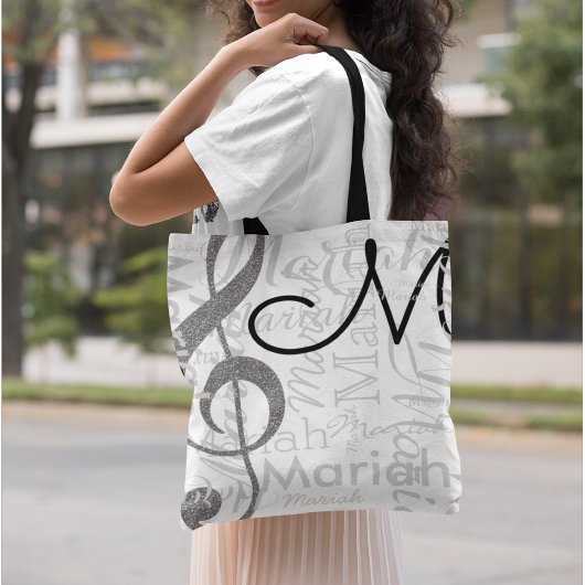 Treble Clef Muzieknotitie Monogram met Naam Wit Tote Bag