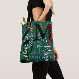Treble Clef Note Music Monogram en namen op groen Tote Bag