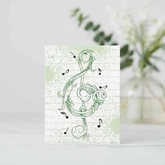 Treble clewwerk green scrollwork sol note key briefkaart (Staand voorkant)