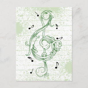 Treble clewwerk green scrollwork sol note key briefkaart