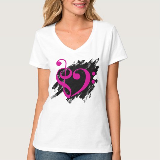 Treble en Bass Clef Musical Heart Fuchsia T-shirt (Voorkant)