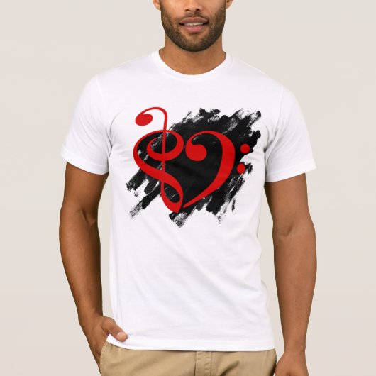 Treble en Bass Clef Musical Heart Red T-shirt (Voorkant)