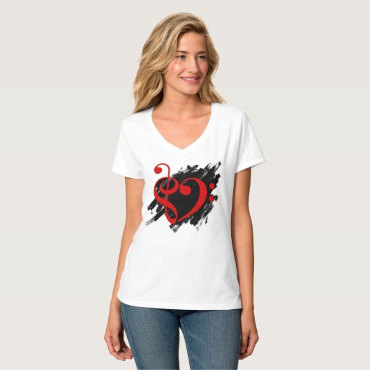 Treble en Bass Clef Musical Heart Red T-shirt (Voorkant volledig)