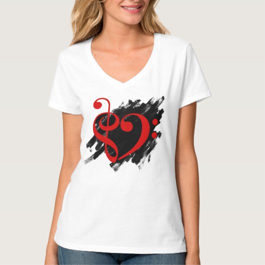 Treble en Bass Clef Musical Heart Red T-shirt (Voorkant)