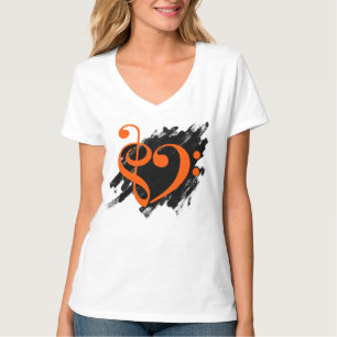 Treble en Bass Clef Musical Heart Sinaasappel T-shirt