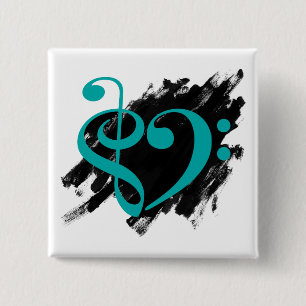 Treble en Bass Clef Musical Heart Turquoise Vierkante Button 5,1 Cm