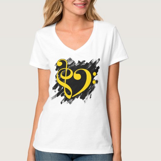 Treble en Bass Clef Musical Heart Yellow T-shirt (Voorkant)