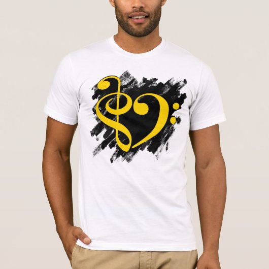 Treble en Bass Clef Musical Heart Yellow T-shirt (Voorkant)