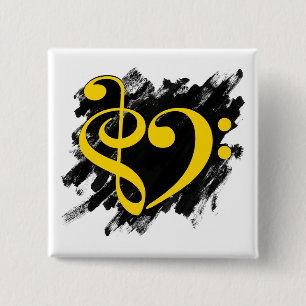 Treble en Bass Clef Musical Heart Yellow Vierkante Button 5,1 Cm