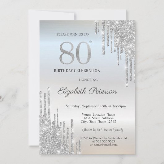 Tredny Elegant Silver Glitter Drips 80th Birthday Kaart (Voorkant)