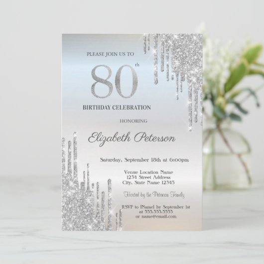 Tredny Elegant Silver Glitter Drips 80th Birthday Kaart (Staand voorkant)