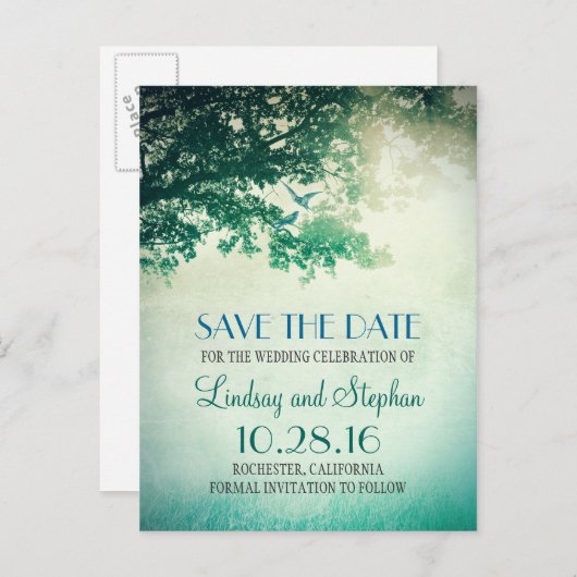 Tree and Love Birds Rustic Bewaar de datum Aankondigingskaart (Voorkant / Achterkant)