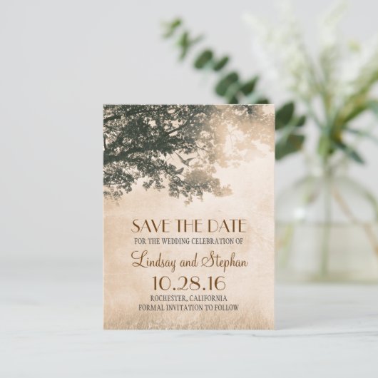 Tree and Love Birds Rustic  Bewaar de datum Aankondigingskaart (Staand voorkant)