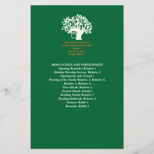 Tree Bar Mitswa Wedding 8,5" x 5,5" Programma Briefpapier (Voorkant)