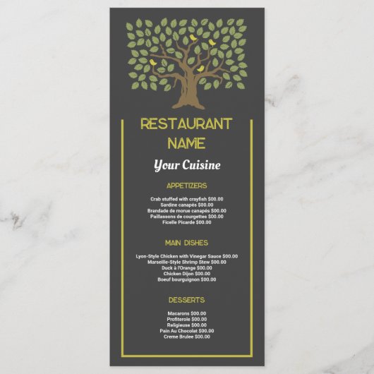 Tree Bird, Restaurant Slank Menu (Voorkant)