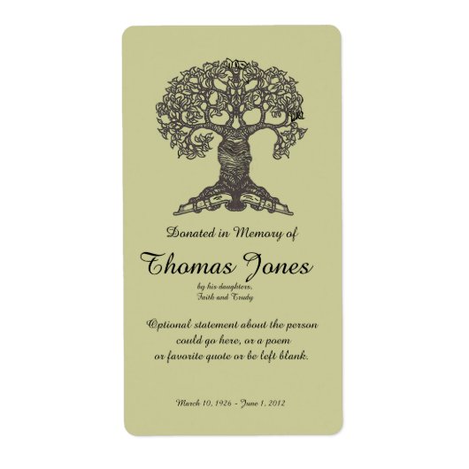 Tree Book gedoneerd in het geheugen van Bookplate  Etiket (Voorkant)