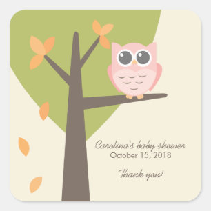 Tree Branch Pink Owl Autumn Baby shower Dank u Vierkante Sticker