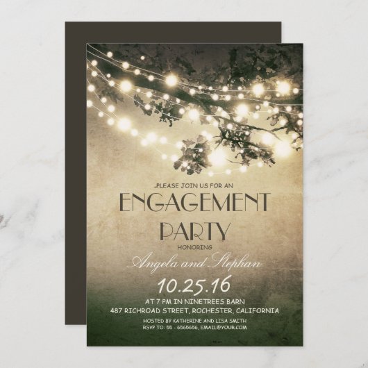 Tree Branches & String Lights Engagement Party Kaart (Voorkant / Achterkant)