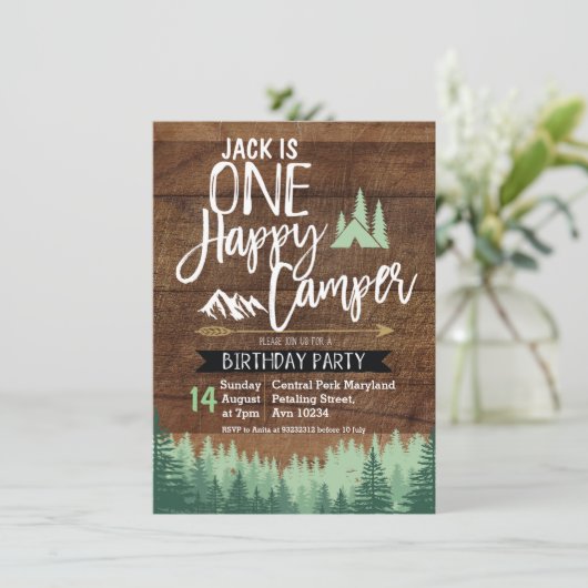 Tree Camper Verjaardag Uitnodiging Camping Party (Staand voorkant)