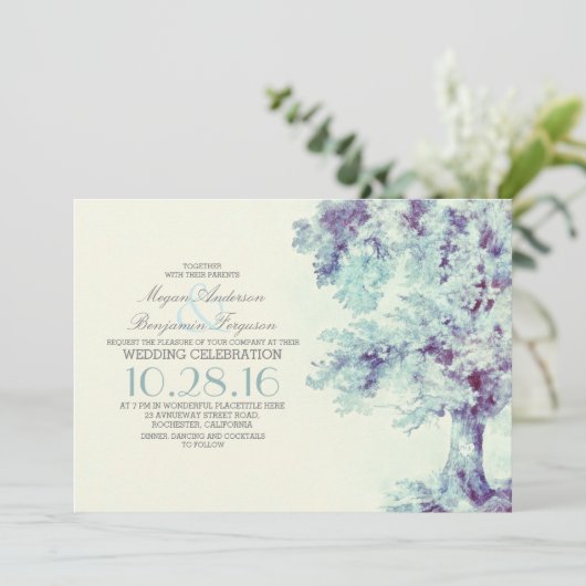 Tree Dusty Blue Wedding Invitation Kaart (Staand voorkant)