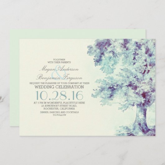 Tree Dusty Blue Wedding Invitation Kaart (Voorkant / Achterkant)