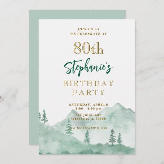 Tree Forest Mountain 80e verjaardag uitnodigingen (Voorkant / Achterkant)