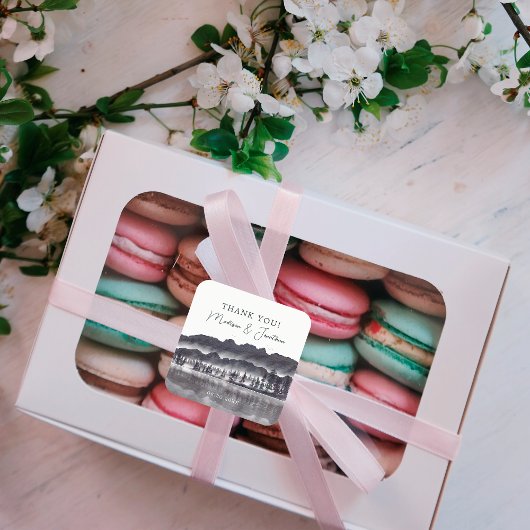 Tree Forest Mountain Black & White Bedankt Favor Vierkante Sticker