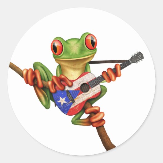 Tree Frog Spelen Puerto Rico Vlag Gitaar Wit Ronde Sticker (Voorkant)