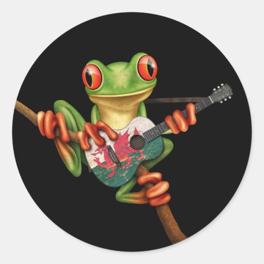 Tree Frog spelen Welsh vlag gitaar zwart Ronde Sticker (Voorkant)