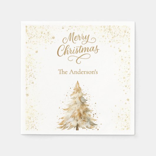 Tree gold white snow script Christmas Servet (Voorkant)