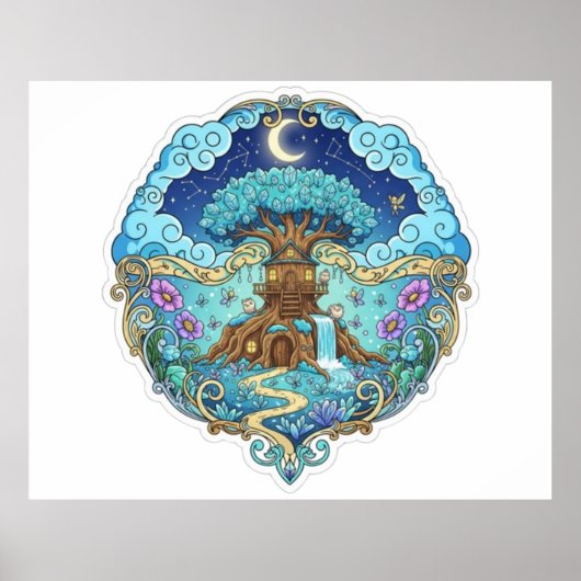 Tree House Under Moon Fantasy magical illustration Poster (Voorkant)