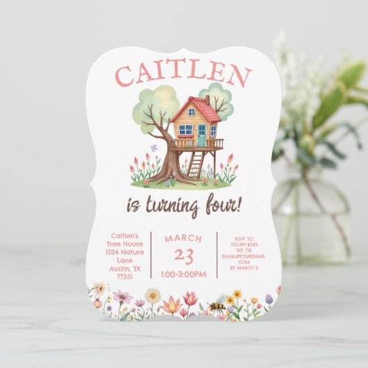 Tree House Verjaardag Natuur Bloemen Uitnodiging (Staand voorkant)