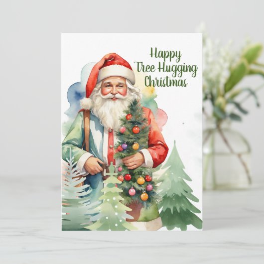 Tree Hugging Santa Flat Vakantie Kaart (Staand voorkant)