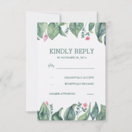 Tree Leaves Rustic Forest Waterverf Wedding RSVP Kaartje