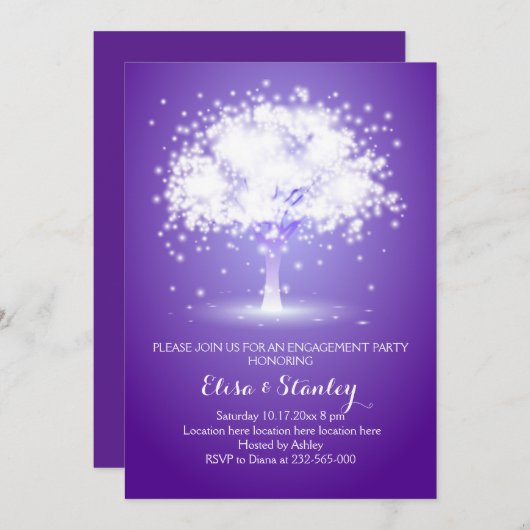 Tree & Lights paarse bruiloft verlovingsfeest Kaart (Voorkant / Achterkant)