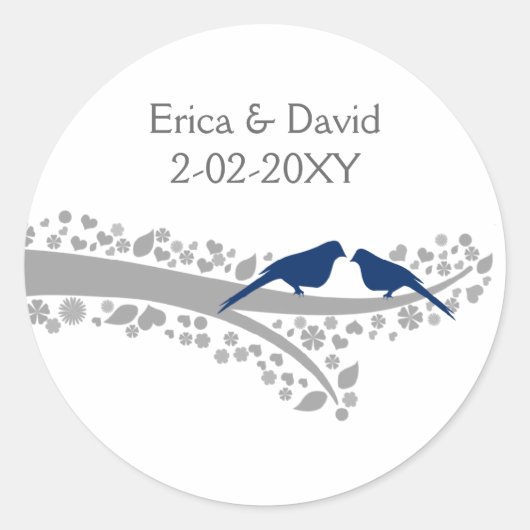 Tree Navy Blue Lovebirds Trouwgunst stickers (Voorkant)