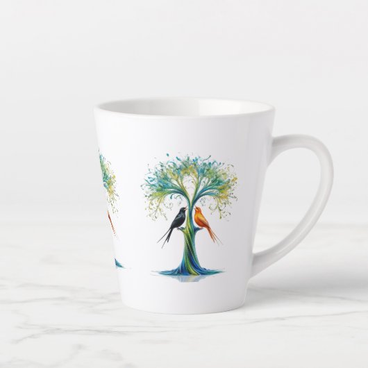 Tree of Harmony - Levendige twee vogels Abstracte  Latte Mok (Rechts)