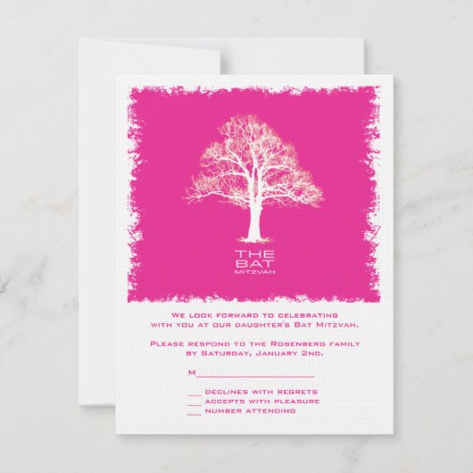 Tree of Life Bat Mitzvah RSVP Reply Kaart Pink (Voorkant)