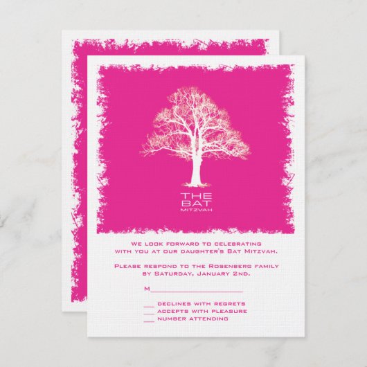Tree of Life Bat Mitzvah RSVP Reply Kaart Pink (Voorkant / Achterkant)