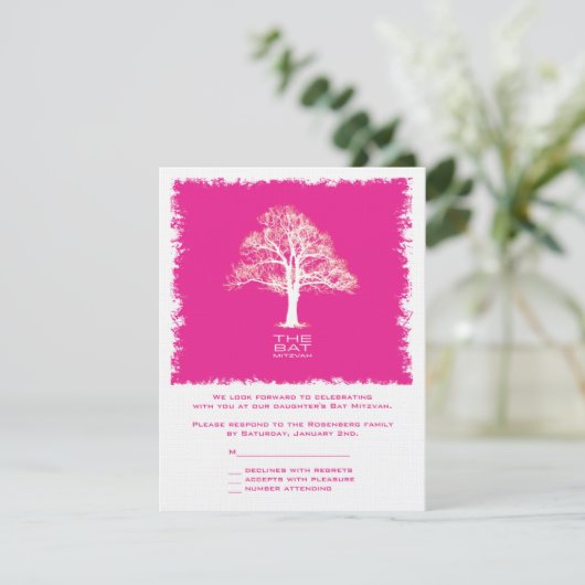 Tree of Life Bat Mitzvah RSVP Reply Kaart Pink (Staand voorkant)