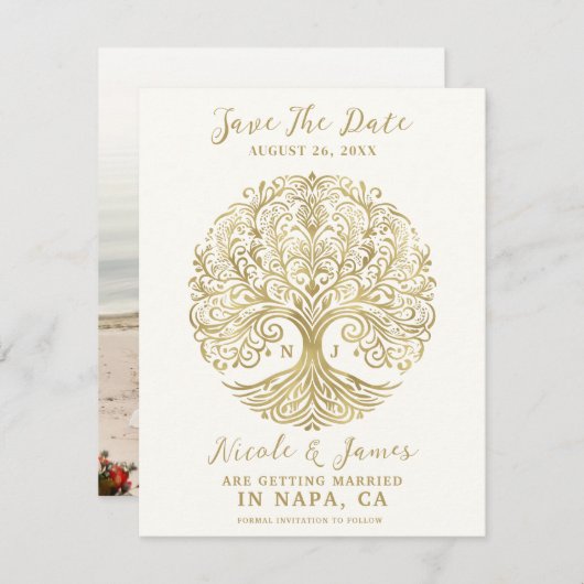 Tree of Life Cream & Gold Celtic Save the Date Kaart (Voorkant / Achterkant)