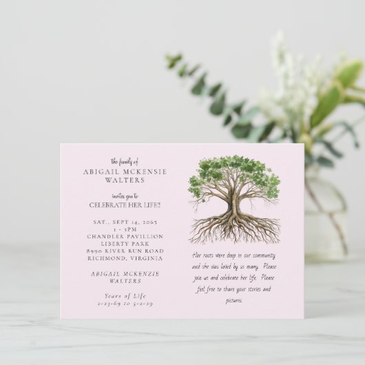 Tree of Life Deep Roots Pink Celebration of LIfe Kaart (Staand voorkant)