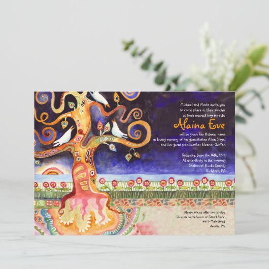 Tree of Life Doves Baby Naming Invitation Kaart (Staand voorkant)